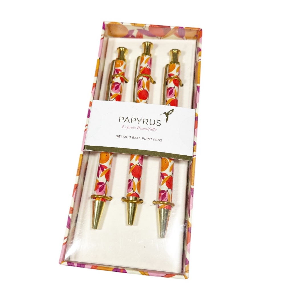NEW Papyrus Pink, Persimmon & Red Design BALL POINT PEN Set/3 with Gold Accents